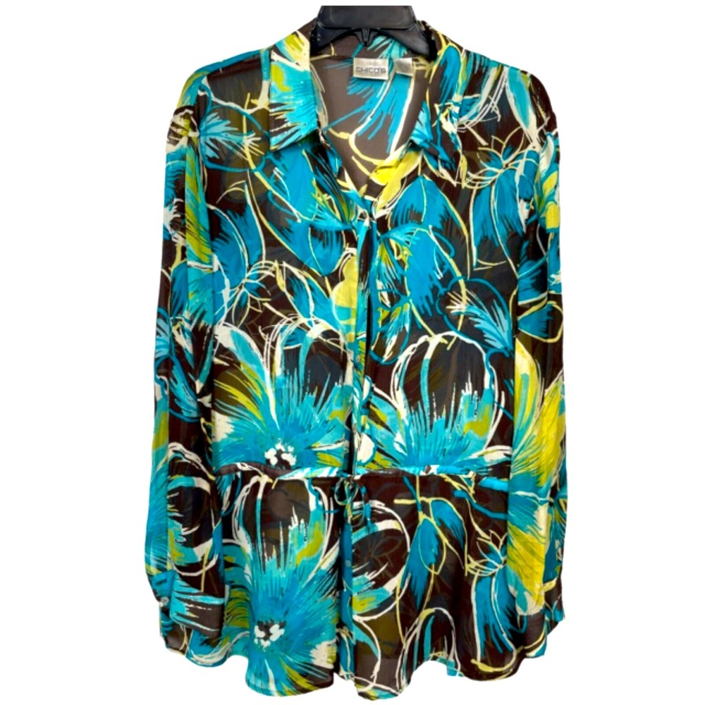 Chico’s sheer long sleeve collared button down tunic with waist tie.